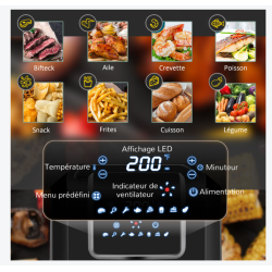Friteuse à air 1700W 6,5L air fryer multifonction 8 programmes gris noir