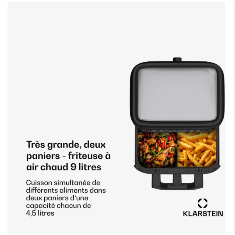 Friteuse à air chaud Klarstein friteuse à air 2 chambres friteuse à air chaud compacte 2850 W friteuse à air 9 L